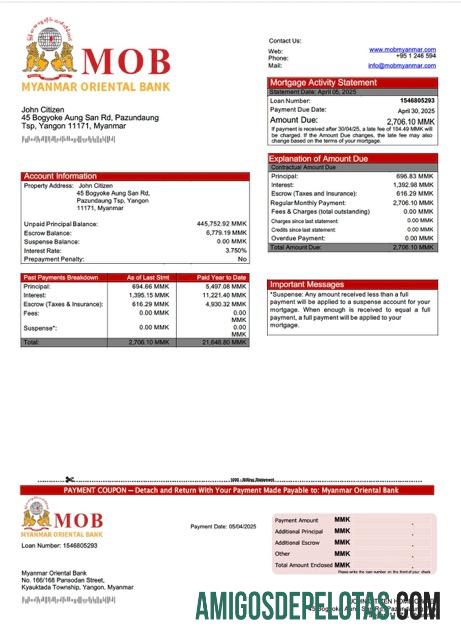 imprimível Modelo Word e PDF de extrato de hipoteca do Banco Oriental de Mianmar